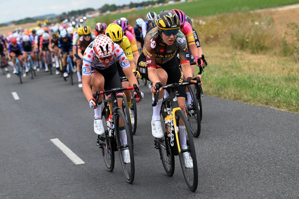 EPERNAY FRANCE JULY 26 LR Femke Markus of Netherland and Team Parkhotel Valkenburg polka dot mountain jersey and Romy Kasper of Germany and Jumbo Visma Women Team compete during the 1st Tour de France Femmes 2022 Stage 3 a 1336km stage from Reims to pernay TDFF UCIWWT on July 26 2022 in Epernay France Photo by Dario BelingheriGetty Images