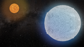 A silvery blue sphere next to a smaller orange sphere