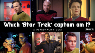 A six photo collage of people wearing yellow or red shirts with text in the middle saying "Which 'Star Trek' captain am I?"