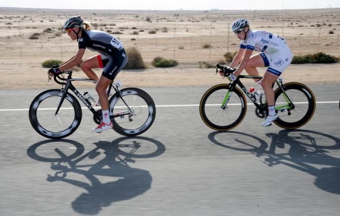 Elen Van Dijk (Specialized-lululemon) and Kirsten Wild (Team Argos-Shimano) keep a close eye on each other
