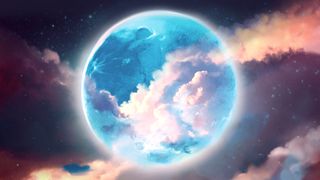 Illustration of night sky with beautiful full blue moon - stock illustration.