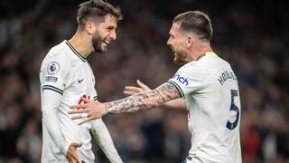 Pierre-Emile Hojbjerg of Tottenham Hotspur celebrates with Rodrigo Bentancur