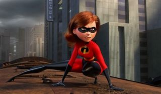 Incredibles 2 Elastigirl rides on the roof of a train