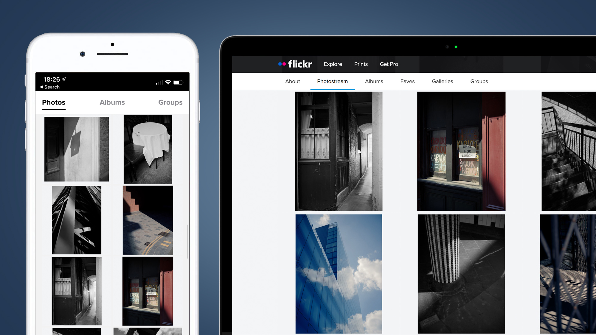 An iPhone and laptop showing the Flickr app and website