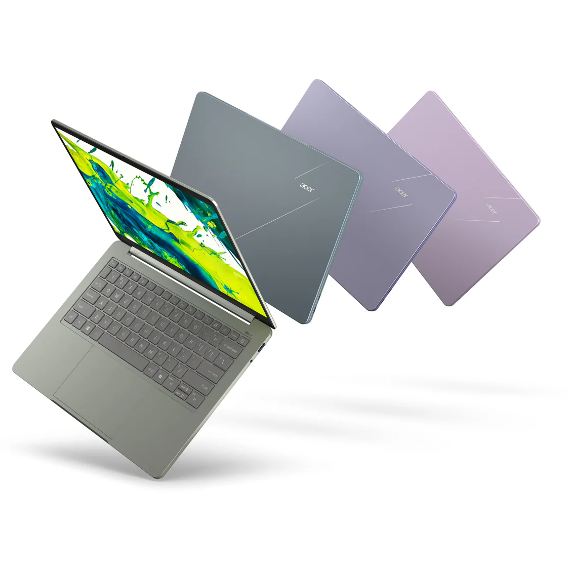 Acer Swift Air 14 laptops in different colors, showing a bright screen against a white background.