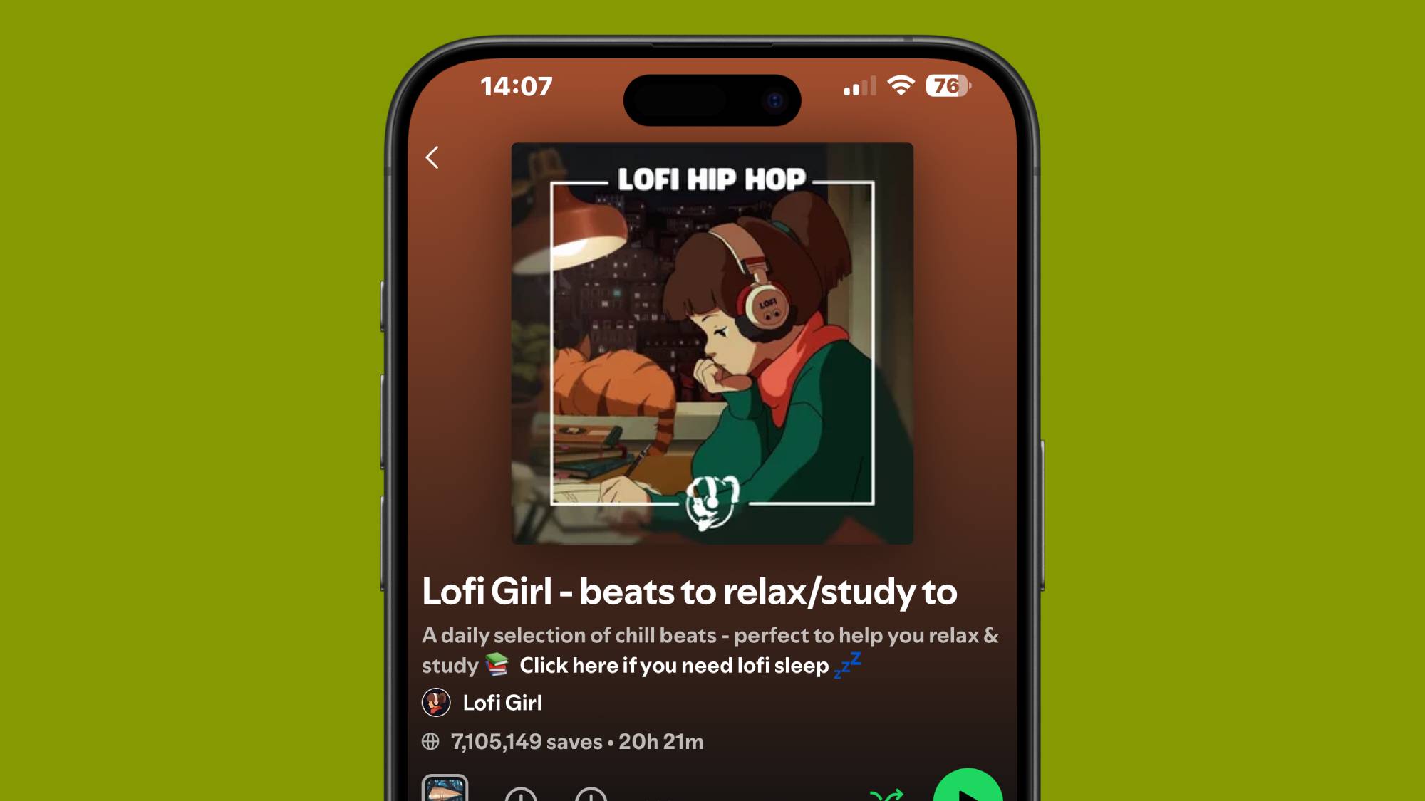 A screenshot of a Lofi beats playlist in the Spotify mobile app