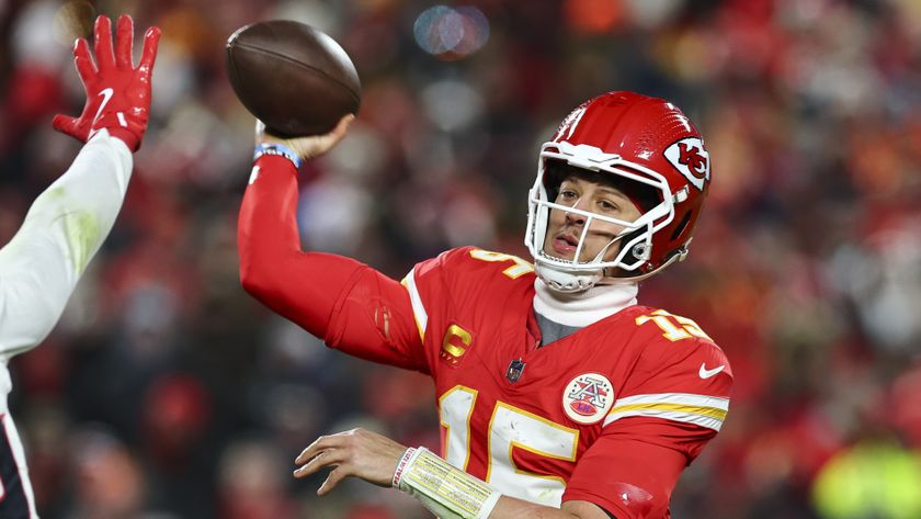 Patrick Mahomes #15 of the Kansas City Chiefs throws a pass ahead of the Bills vs Chiefs AFC Championship Game 2025