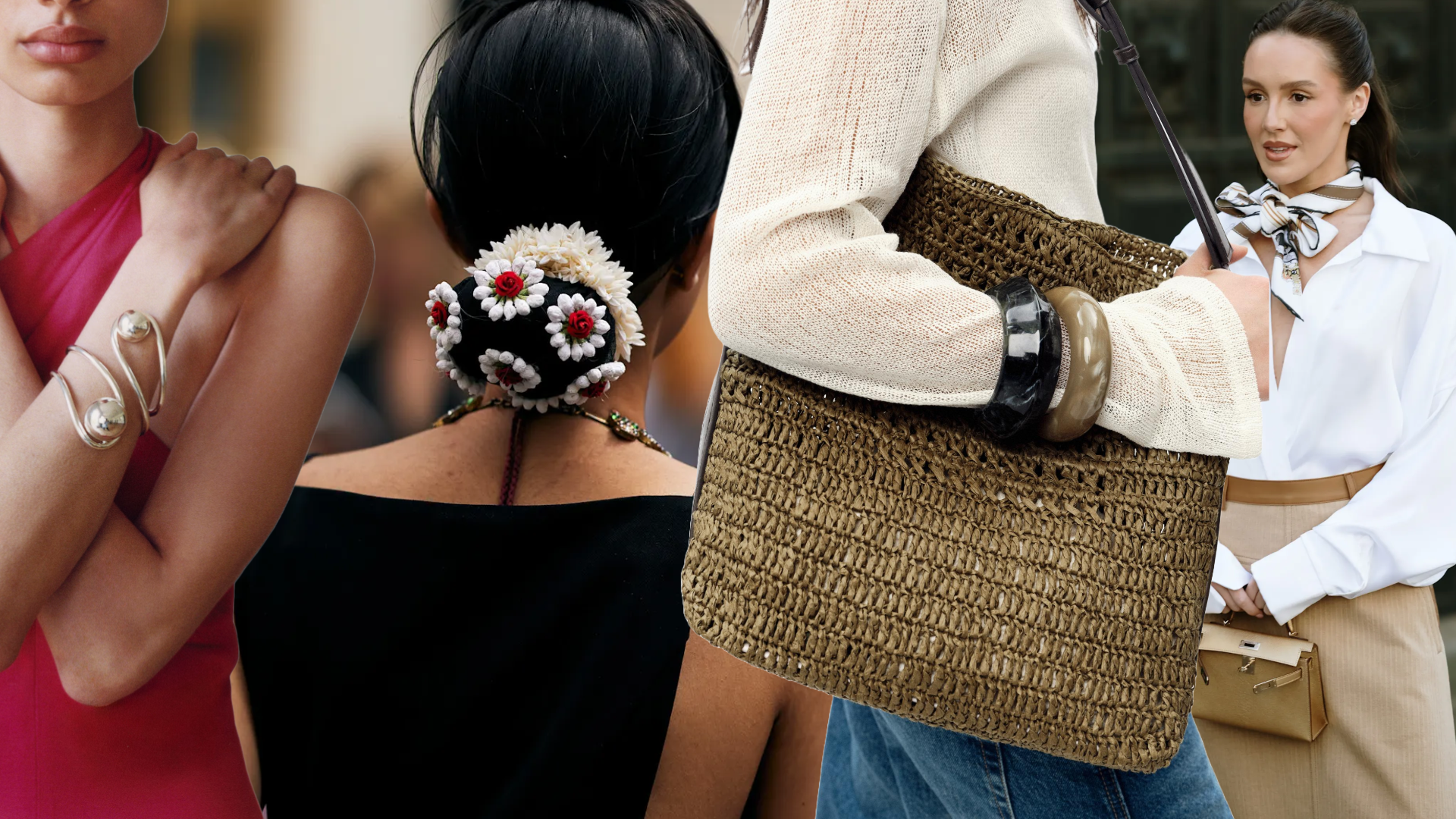 woman wearing a silver bracelet; woman wearing flowers in her hair; woman carrying a raffia bag and bangles, woman wearing a silk scarf