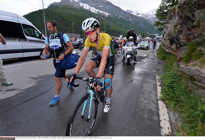 Tony Martin (Omega Pharma-QuickStep) crosses the finish line and knows that he has lost the Tour de Suisse to Rui Costa