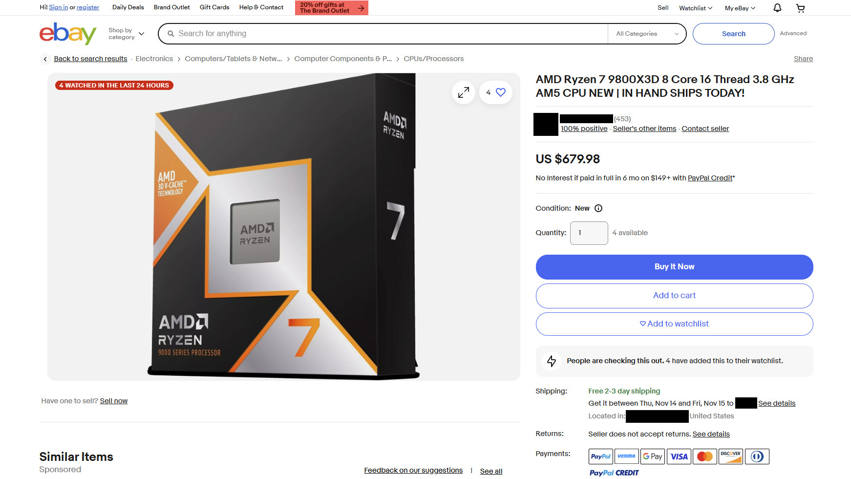 AMD Ryzen 7 9800X3D processor listed on eBay for above MSRP