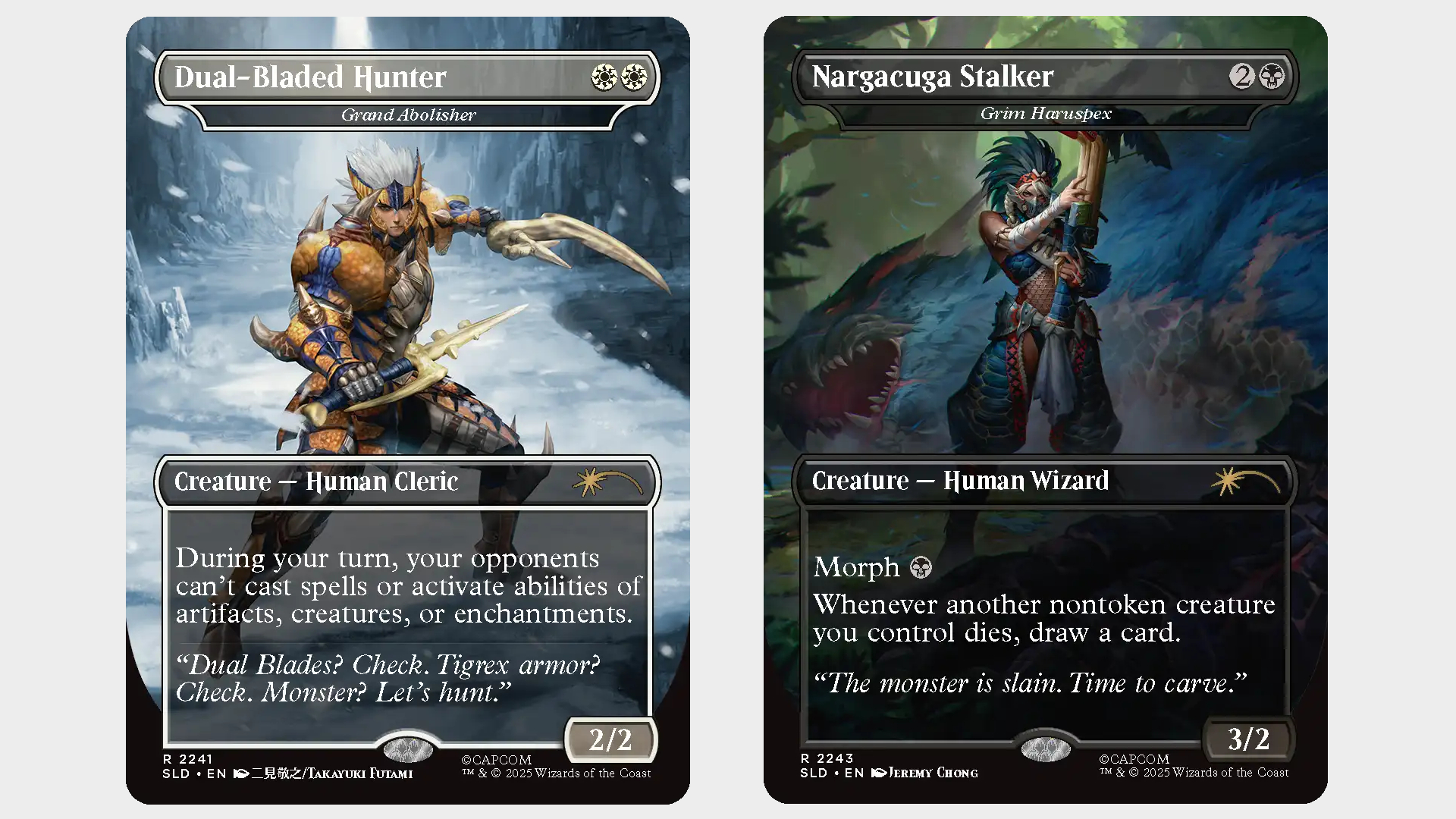 Dual-Bladed Hunter and Nargacuga Stalker MTG cards on a plain background