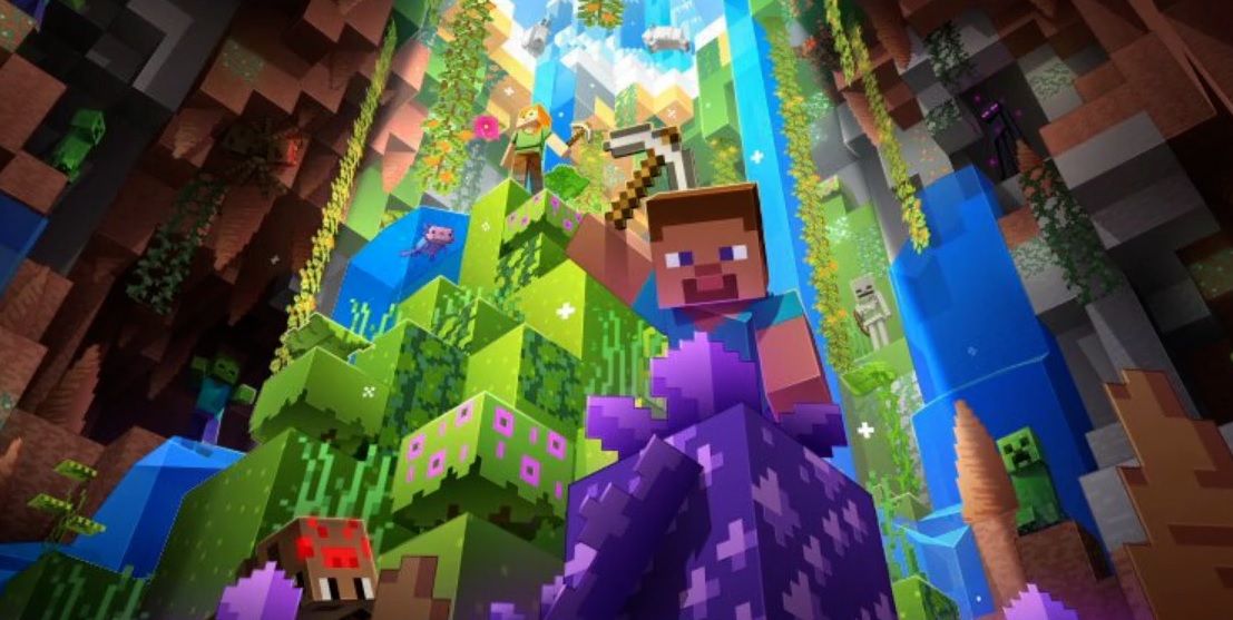 Minecraft Caves &amp; Cliffs part 2 concept art of Steve using a pickaxe to mine amethysts in a lush cave while Alex explores above.