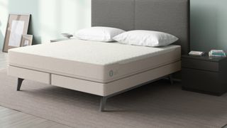 Image shows the Sleep Number 360 p5 Smart Bed with a grey fabric headboard