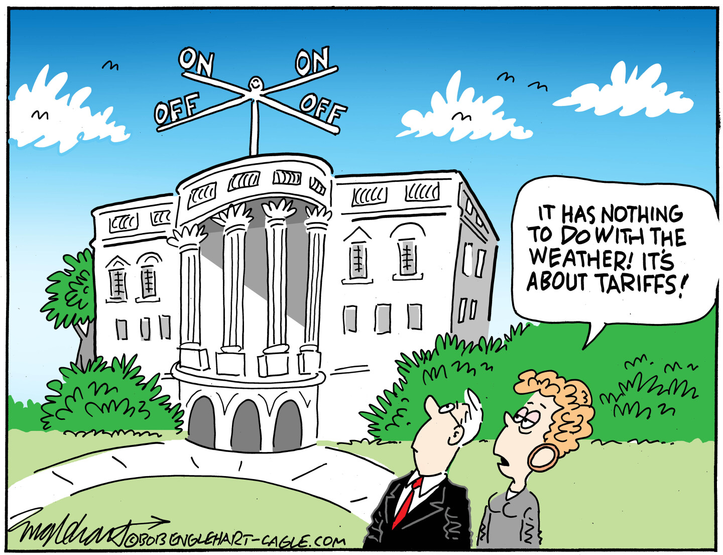 This cartoon takes place outside where a man and a woman are looking at a large weather vane labelled “On, Off, On, Off” on top of the White House. The woman says, “It has nothing to do with the weather! It’s about tariffs!”