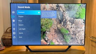 Hisense A7G review with the sound mode menu on the TV screen