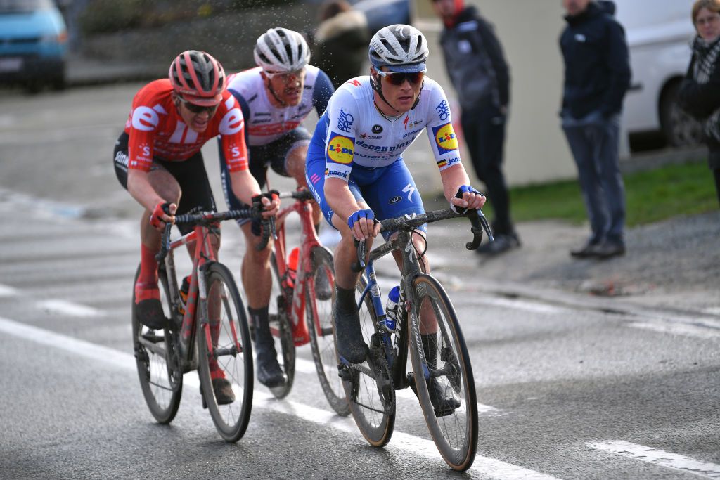 NINOVE BELGIUM FEBRUARY 29 Jasper Stuyven of Belgium and Team Trek Segafredo Yves Lampaert of Belgium and Team Deceuninck QuickStep Soren Kragh Andersen of Denmark and Team Sunweb Breakaway during the 75th Omloop Het Nieuwsblad 2020 Men Race a 200km race from Ghent to Ninove OmloopHNB OHN20 on February 29 2020 in Ninove Belgium Photo by Tim de WaeleGetty Images