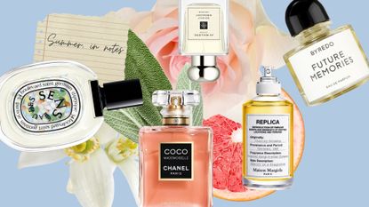 A collage featuring some of the best summer perfume launches, including scents from Diptyque, Chanel, Jo Malone, Maison Margiela and Byredo, overlaid on stock images of grapefruit, flowers and sage leaves (to demonstrate their notes), in a blue template with the words 'summer in notes'
