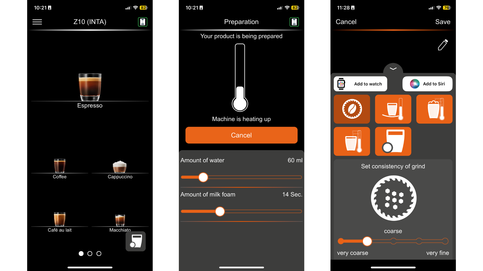 Three screenshots showing the Jura Z10 app in action