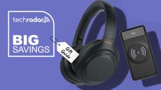 Sony WH-1000XM4 and a 10000mAH battery pack, on purple background with TR's Big Savings branding