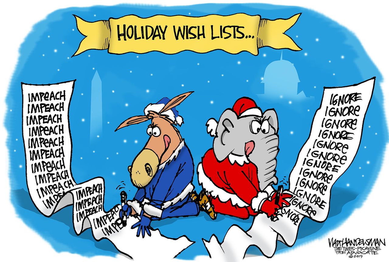 Political Cartoon U.S. Democrats Republicans Holiday Wish List Trump Impeachment