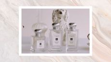 An image of three Jo Malone London scents, Sea Salt and wood sage, english pear and freesia and peony and blush suede, with a ceramic dog ornament and a marble effect frame