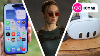 An iPhone, Quets 3 and Sophie Turner as Lara Croft next to each other.