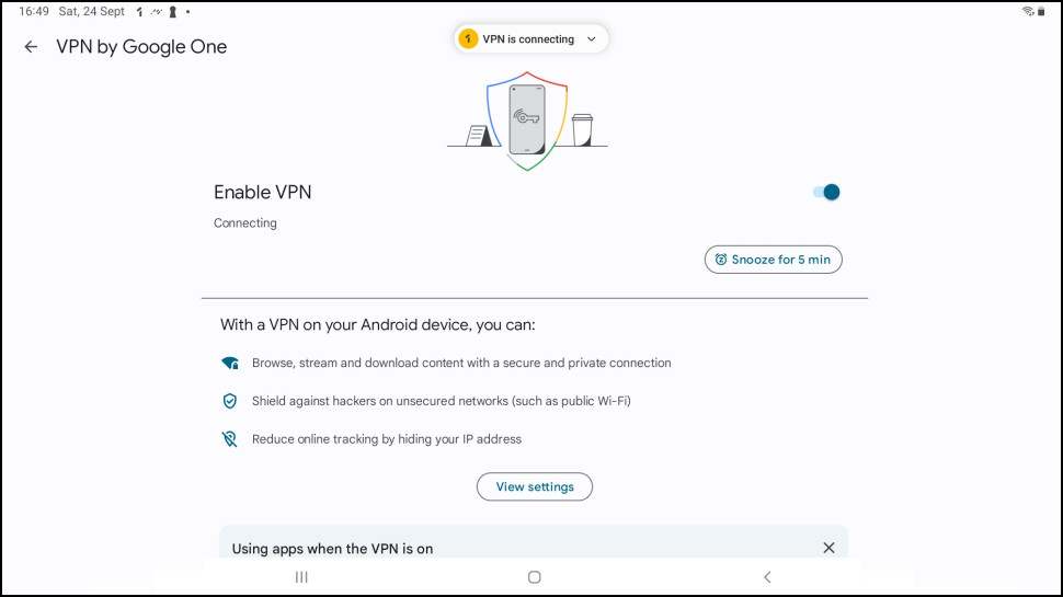 Et skærmbillede af Snooze-funktionen på Google One VPN