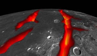 This view looking south across the Ocean of Storms on the moon shows how its western border structures may have looked while volcanically active early in the moon's history. The Ocean of Storms on the nearside of the moon, once thought to have been forged in a giant impact, actually formed from cooling lava, scientists say.