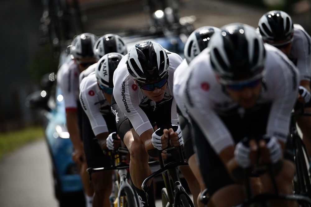 Team Sky head out for a training ride on their time trial bikes wearing new Sky Ocean Rescue kits ahead of the Tour de France