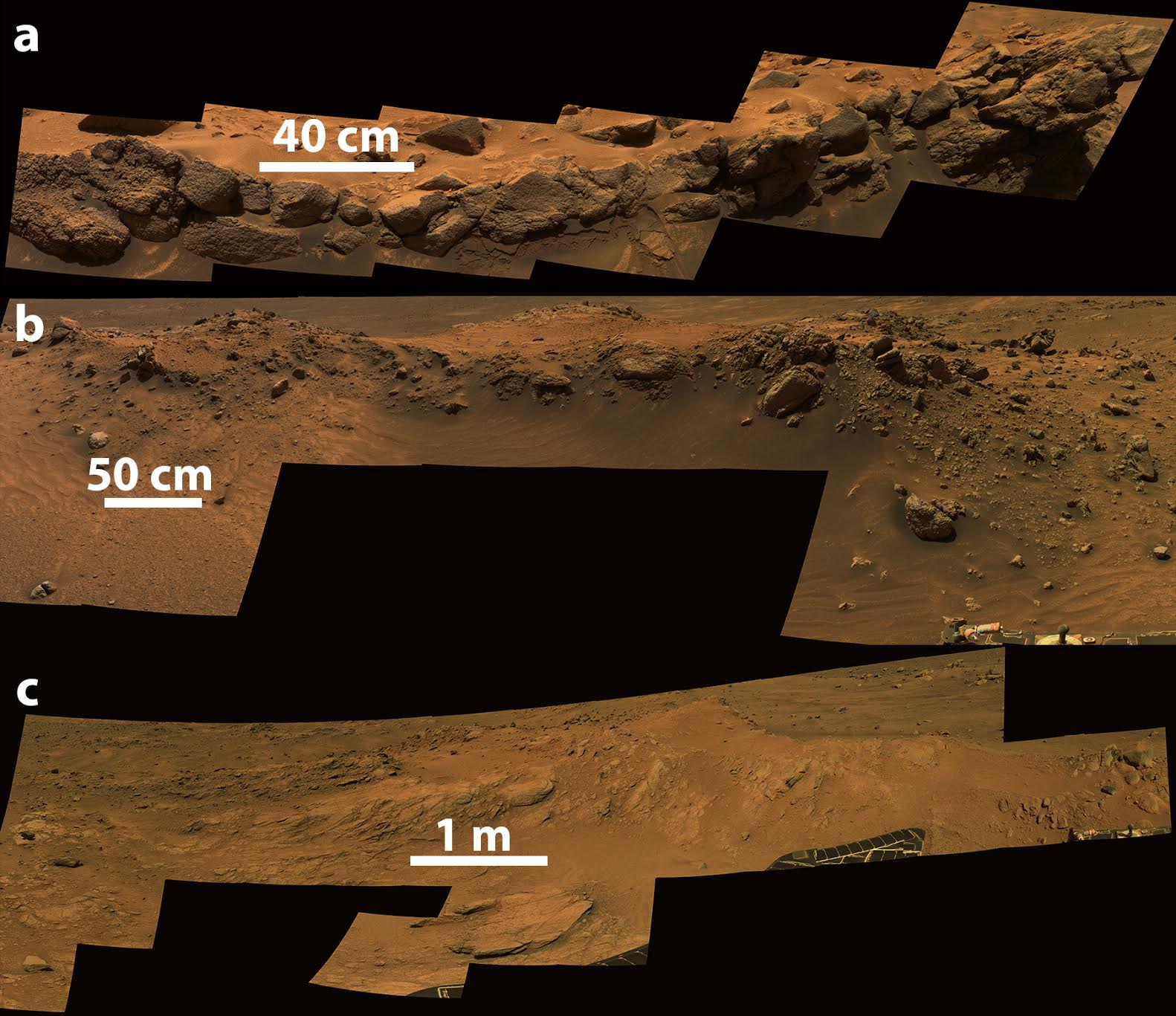 Views of three Martian terrains, varying from textured to flatter.