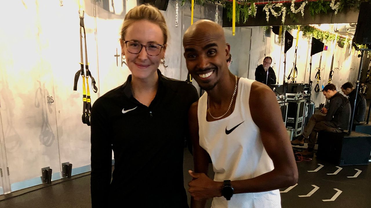 Fit&amp;Well writer Jessica Downey and Mo Farah at the launch of the Huawei GT3