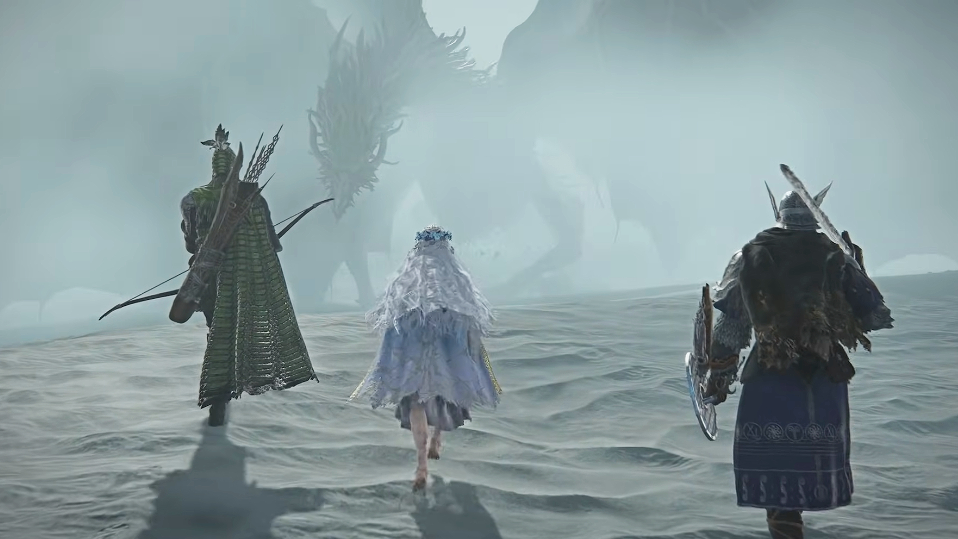 Elden Ring Nightreign Caligo boss Fissure in the Fog guide: Ironeye, Revenant, and Wylder walking towards Caligo, partially obscured by fog.