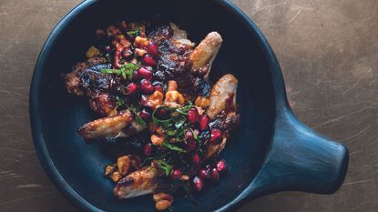 Ottolenghi quails with burnt miso butterscotch and pomegranate and walnut salsa