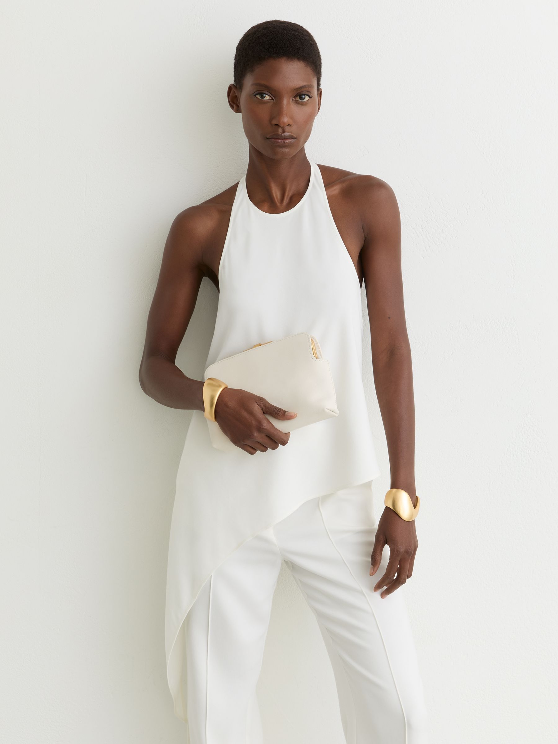 Asymmetric Draped Halterneck Top in Ivory - Size Us 0