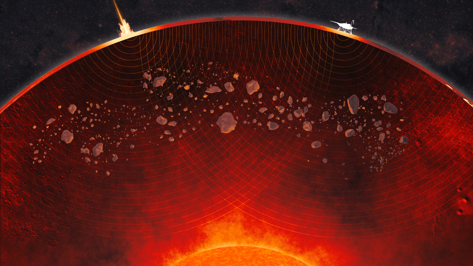 Artist's interpretation of dozens of structures in Mars' mantle with Marsquakes vibrating toward the InSight lander