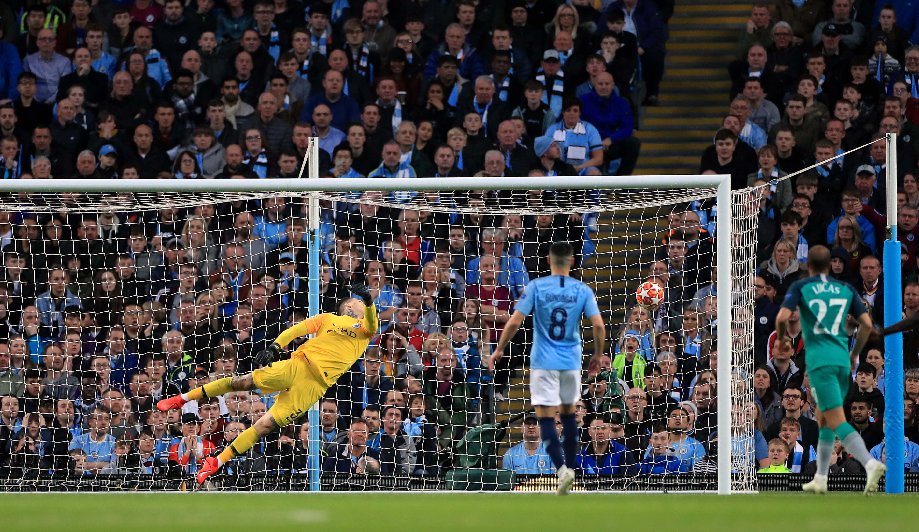 Ederson dives to his left but cannot deny Son Spurs' second to make it 3-1 on aggregate