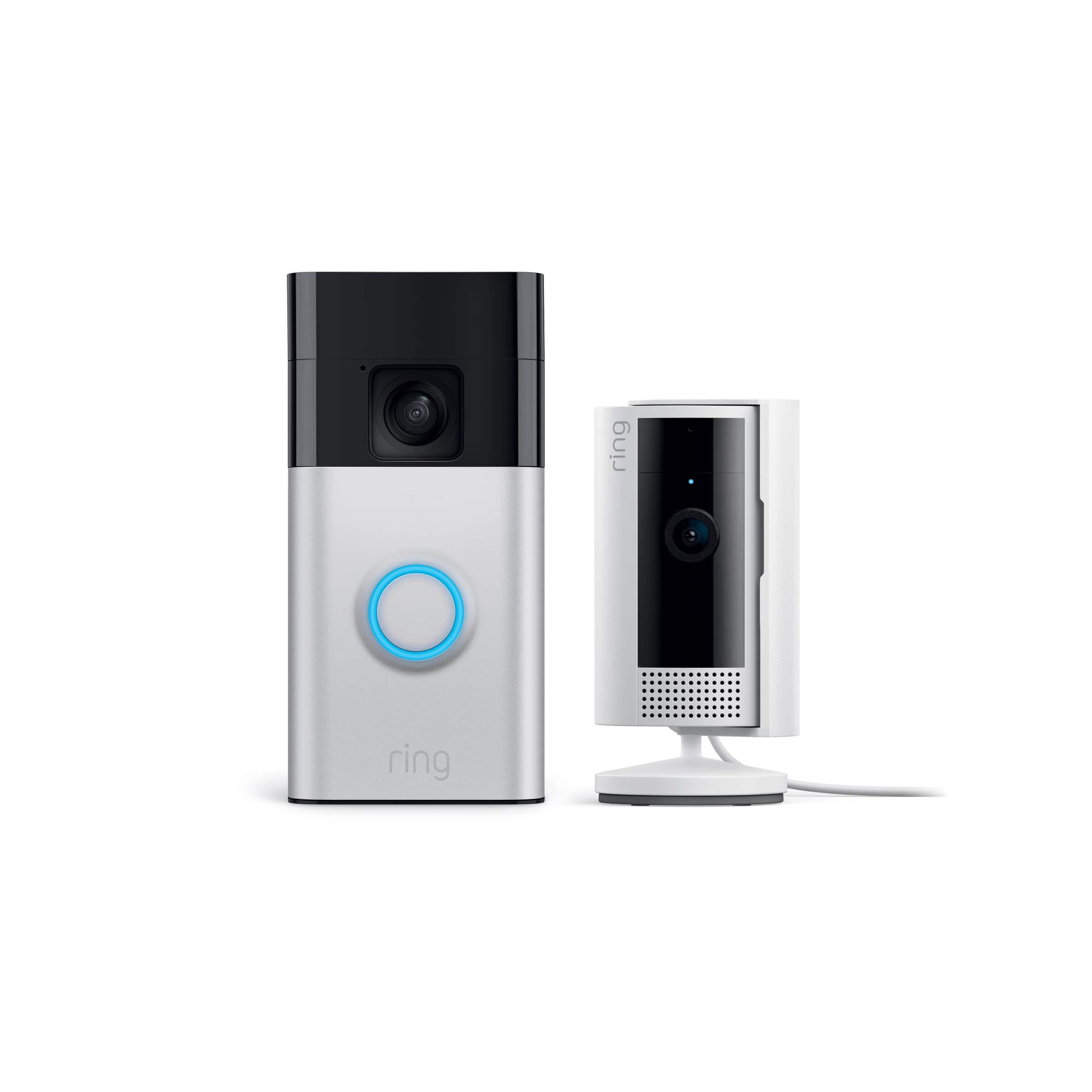 Ring - Starter Set With Battery Doorbell and Indoor Cam - Satin Nickel and White