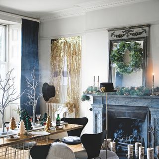 dining room with fire place and christmas decoration