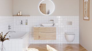 neutral bathroom with wooden floor