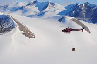 Helicopter delivering ice samples