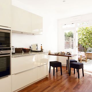 Kitchen with white cabinet and wooden flooring