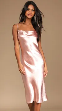 Lulus, Slink on By Champagne Satin Cowl Neck Midi Slip Dress ($64)&nbsp;