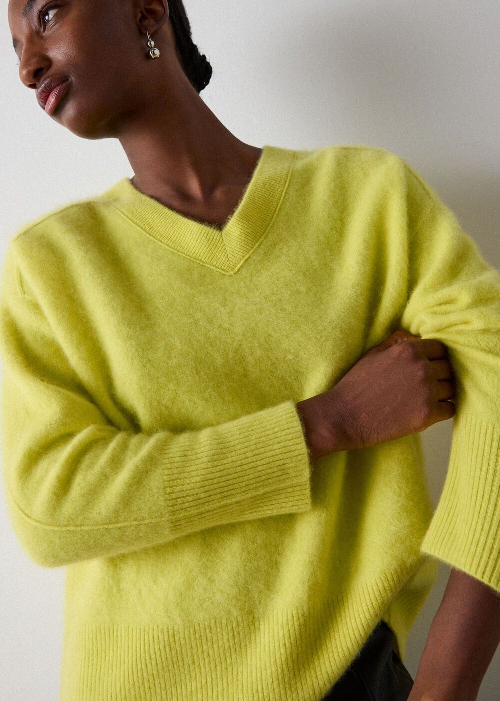 Yellow Brushed Cashmere V Neck Knit