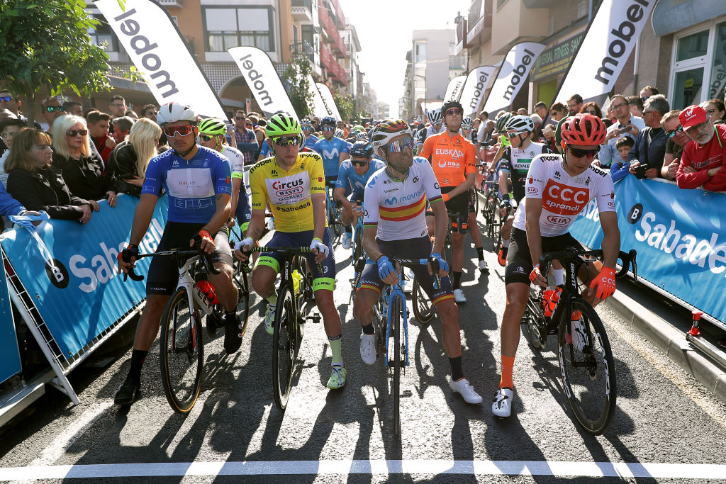 MURCIA SPAIN FEBRUARY 15 Start PierAndre Cote of Canada and Team Rally Cycling Blue Bonus Sprint Jersey Xandro Meurisse of Belgium and Team Circus Wanty Gobert Yellow Leader Jersey Nikita Stalnov of Kazahkstan and Astana Pro Team Red Mountain Jersey Alejandro Valverde Belmonte of Spain and Movistar Team Josef Cerny of Czech Republic and CCC Team during the 40th Vuelta a Murcia 2020 Stage 2 a 1796km stage from Santomera to Murcia LVM VueltaMurcia on February 15 2020 in Murcia Spain Photo by Gonzalo Arroyo MorenoGetty Images