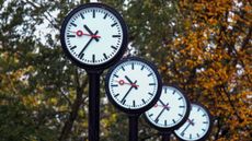 A row of clocks in Germany in autumn, just before daylight saving time 2026