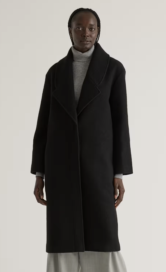 Quince, 100% Merino Wool Shawl Collar Long Coat in Black