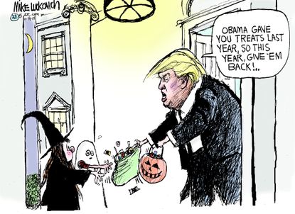 Political cartoon U.S. trick or treat Trump Obama administration