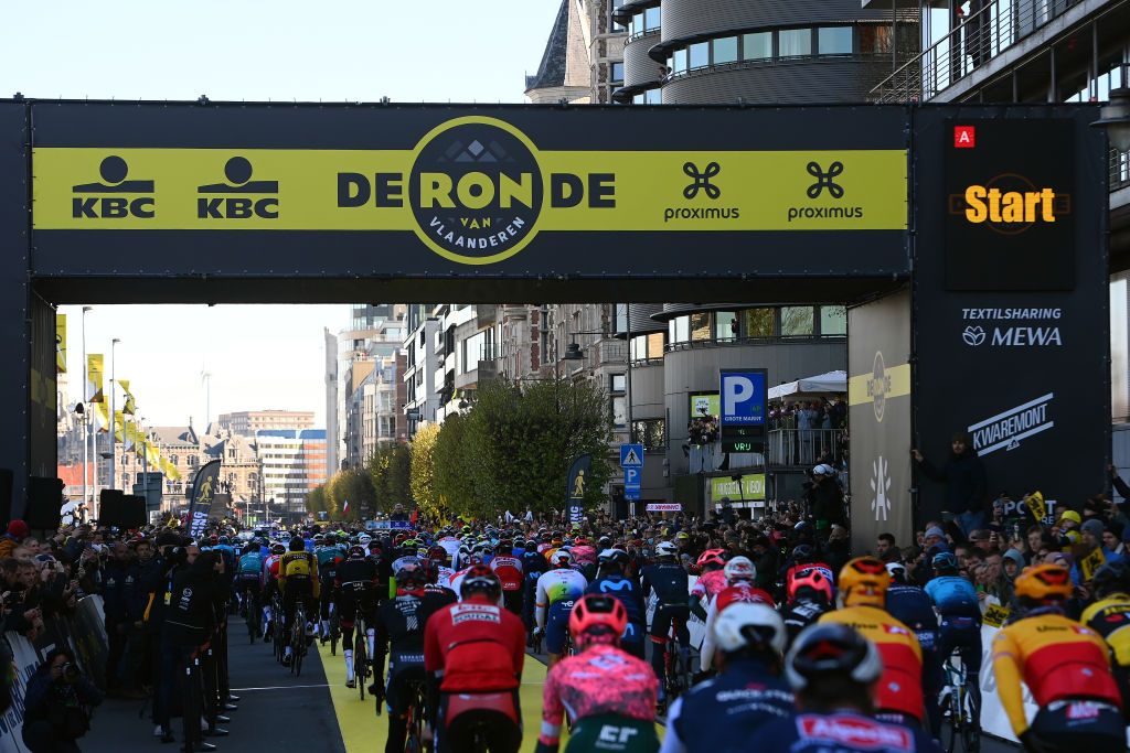 The riders roll out of the start of the Tour of Flanders