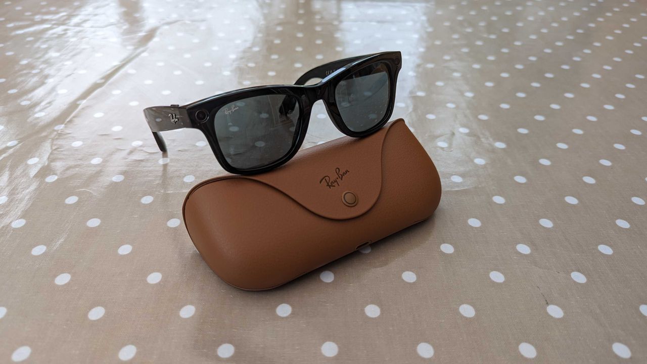 The Ray-Ban Meta Smart Glasses sat on top of their stylish charging case