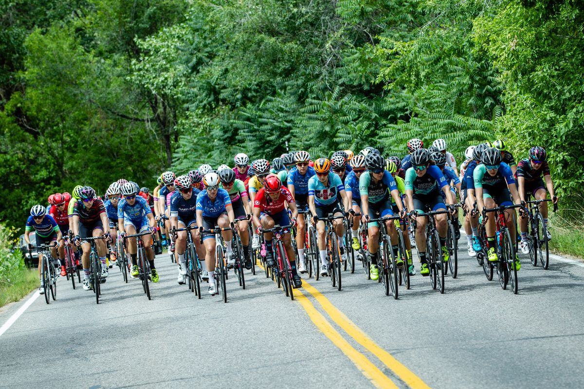 The field bunches up heading into the final lap on stage 3 of the Colorado Classic on August 24, 2019 in Golden, Colorado.